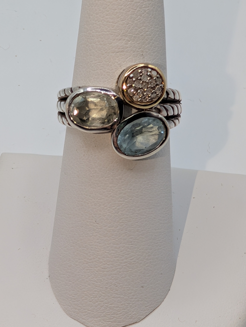 Sterling Silver And Gold Ring- Natural Blue and Pale Green Stones And Diamonds
